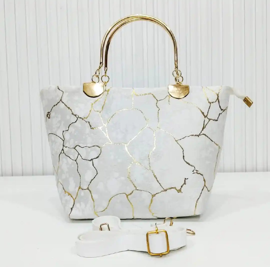 White Marble Gold Handbag for Girls Top Handle