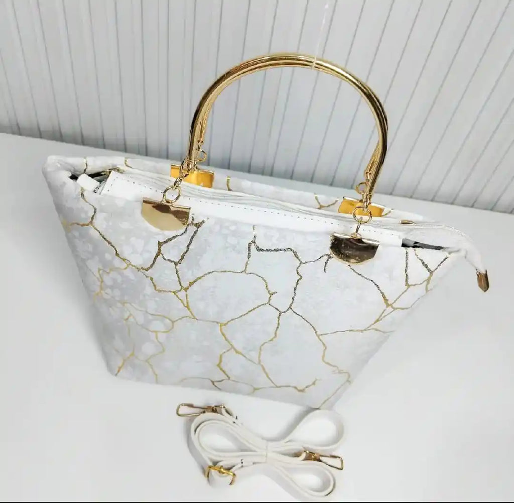 White Marble Gold Handbag for Girls Top Handle