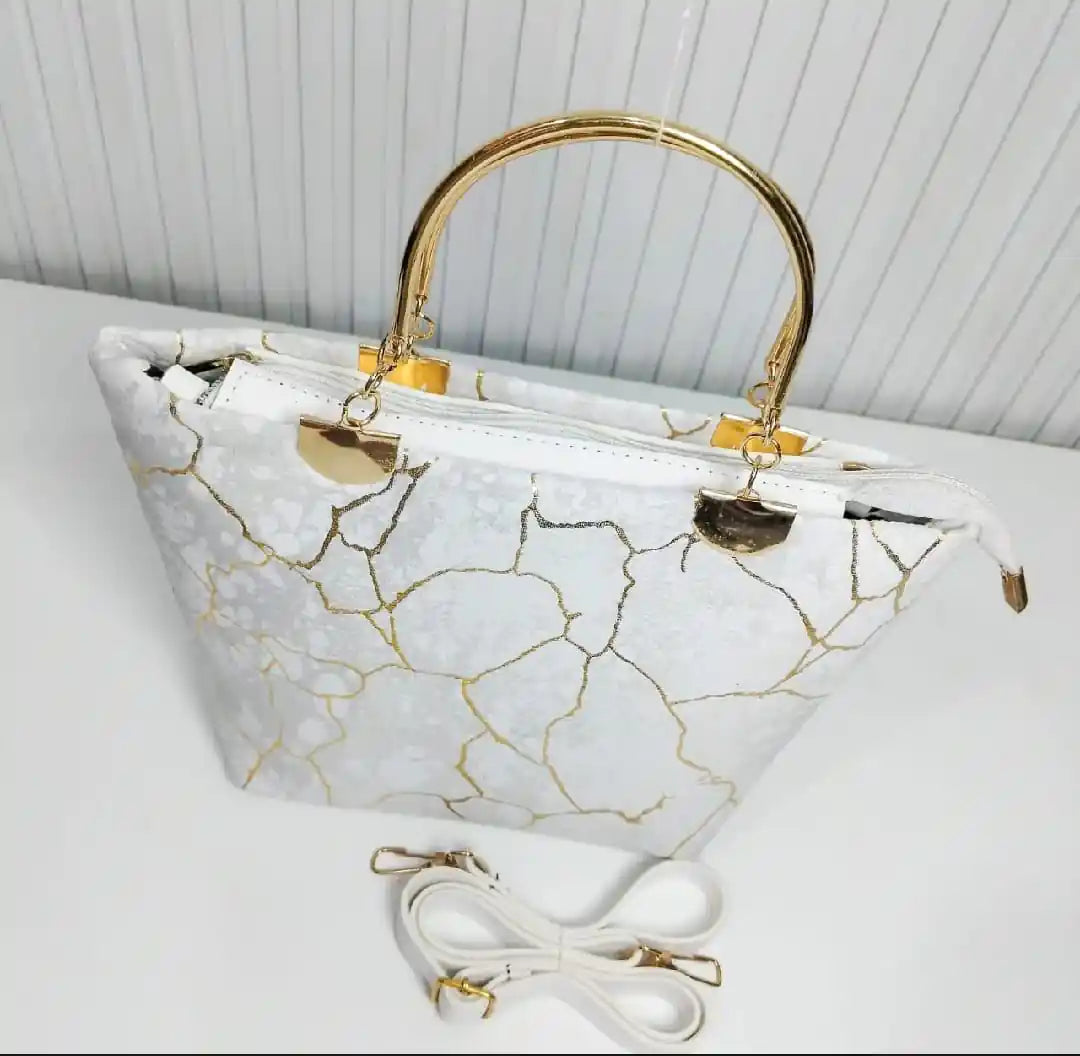 White Marble Gold Handbag for Girls Top Handle
