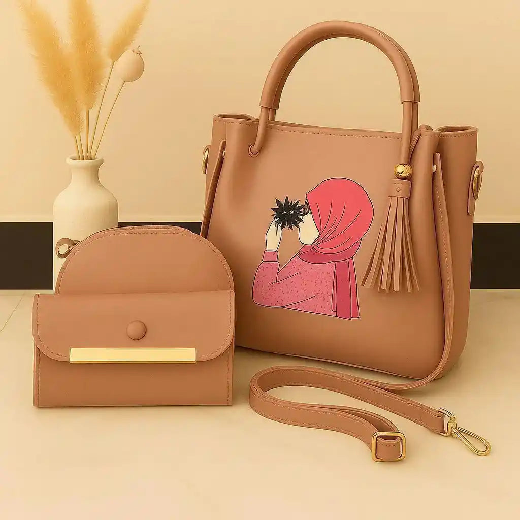 Pink Peach Printed Leather Handbag Set for Women with Tassel