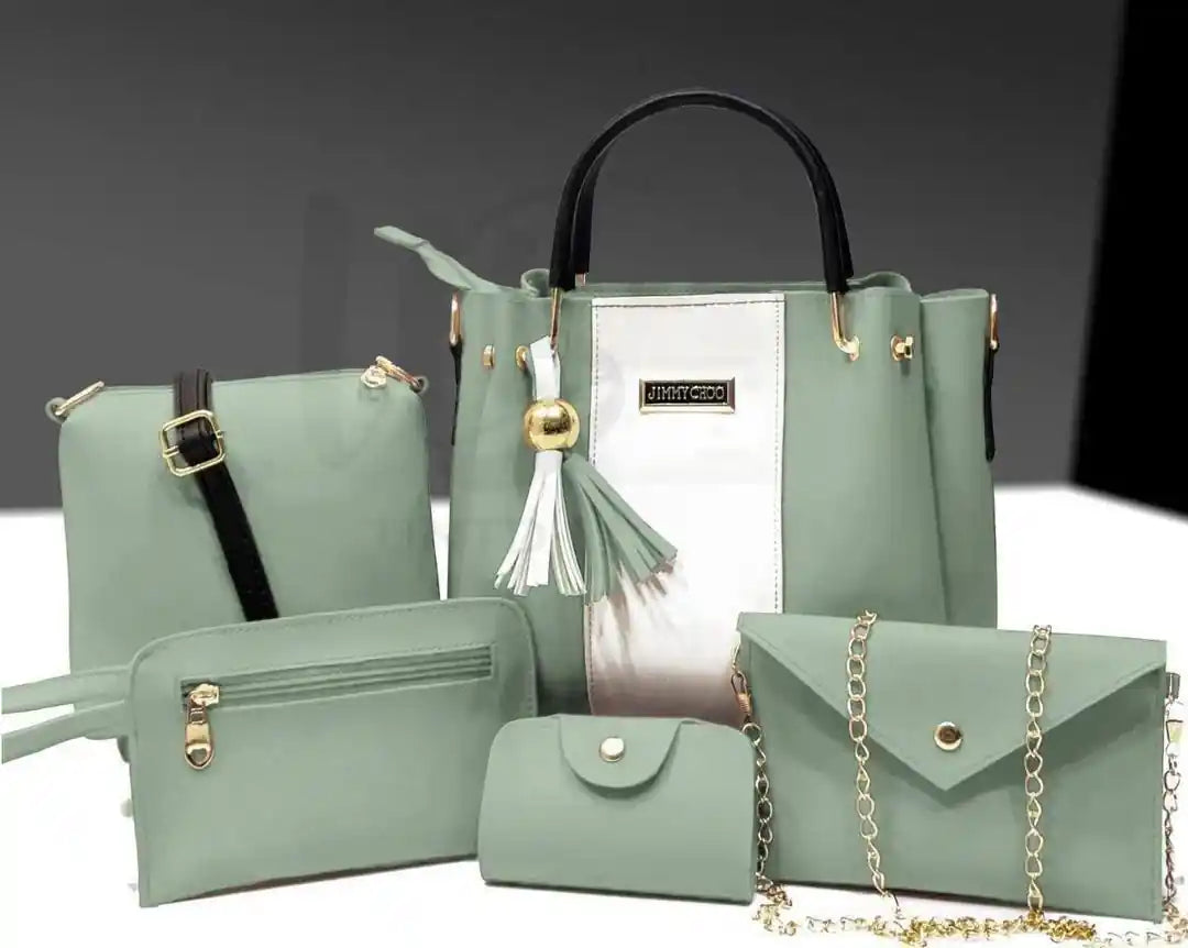 Beige 5-Piece Rexine Handbag Set for Girls
