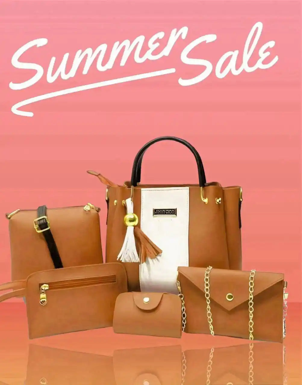 Beige 5-Piece Rexine Handbag Set for Girls