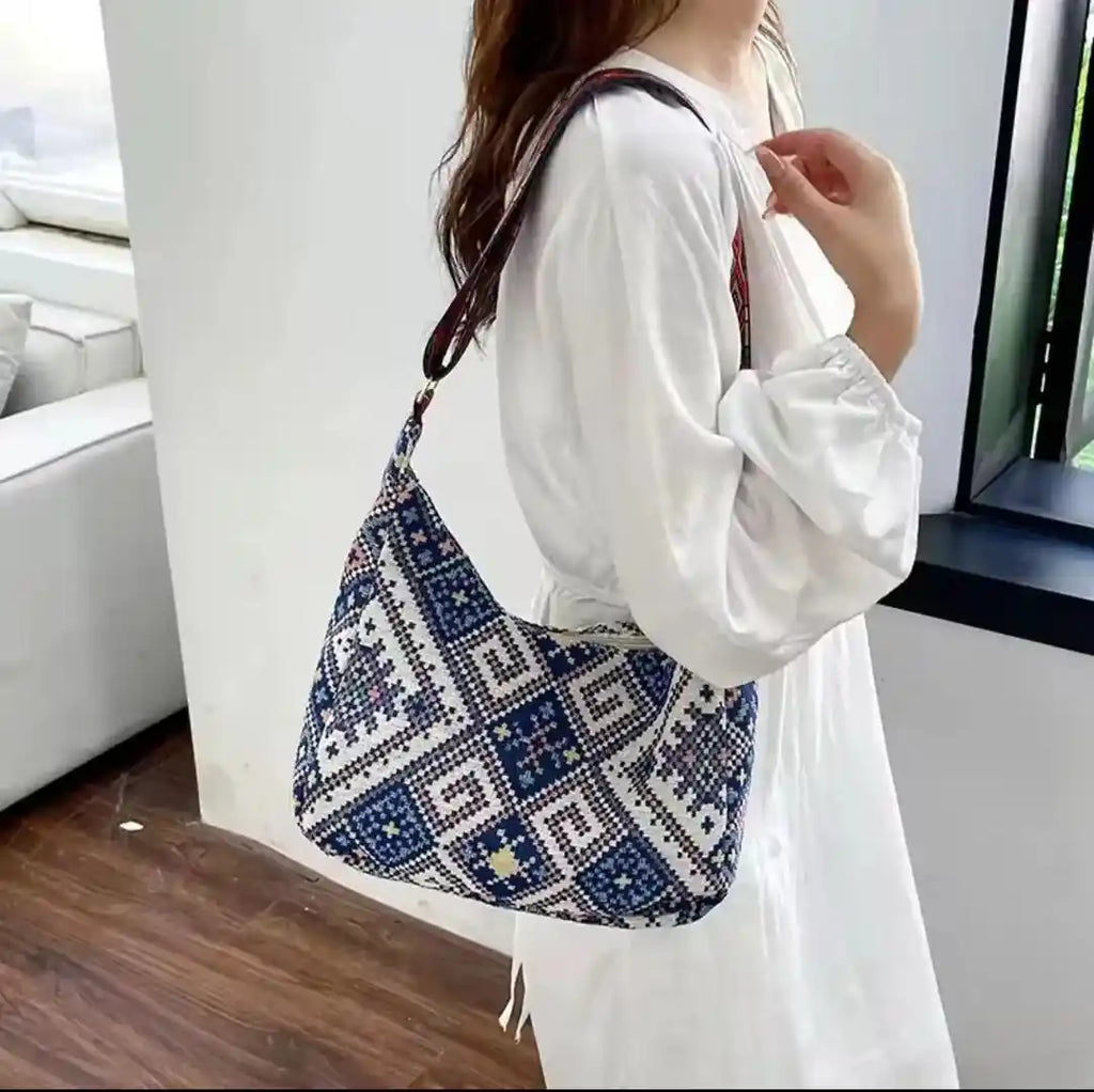 Bohemian Patterned Shoulder Hobo Bag with Adjustable Strap