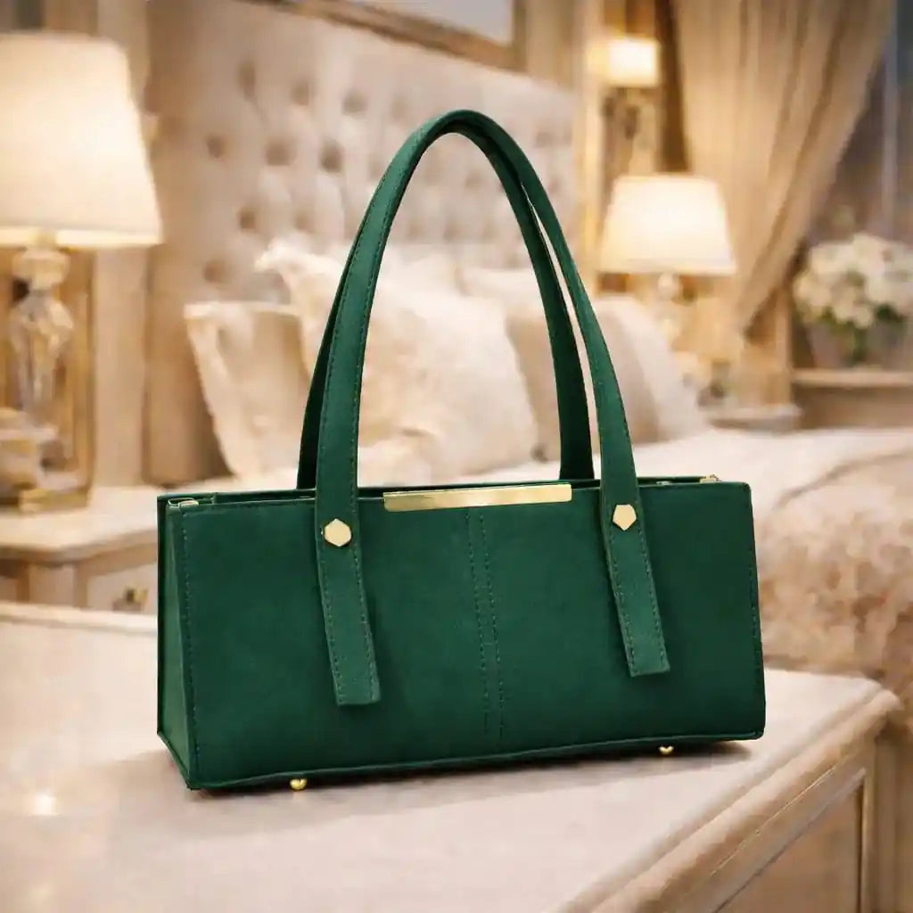 Green Leather Shoulder Bag with Gold Hardware for Women