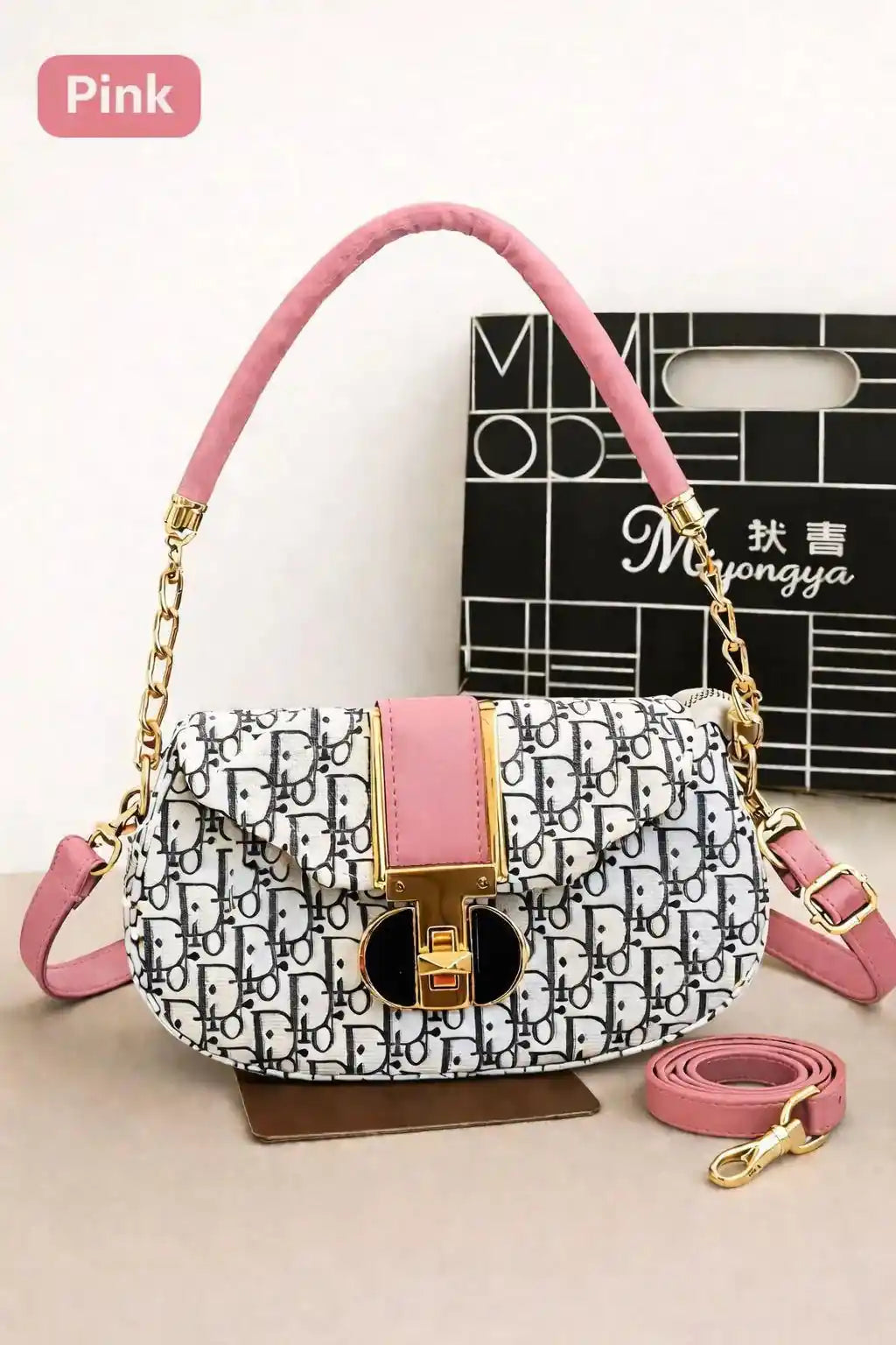 Pink Monogram Leather Shoulder Bag for Girls