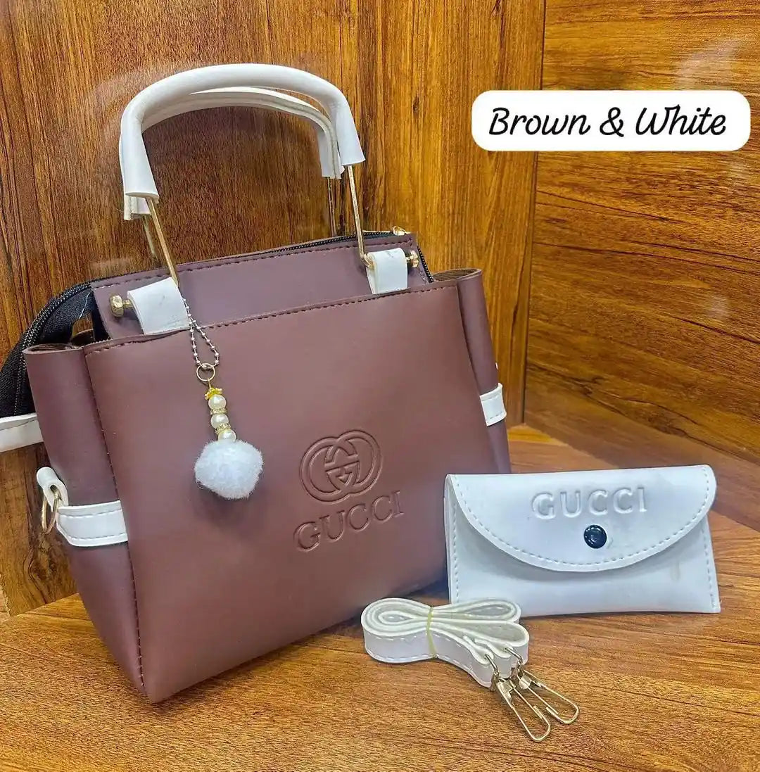 Brown & White Gucci Style Handbag Set with Wallet