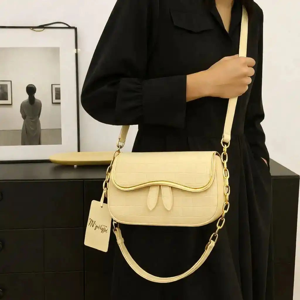 Beige Leather Shoulder Bag for Girls
