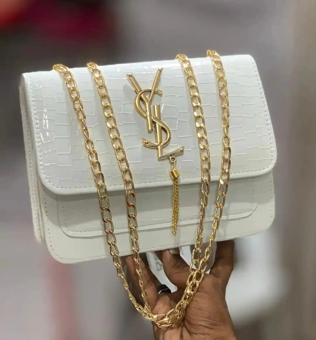 Black Croc Leather Shoulder Bag with Gold Chain for Women