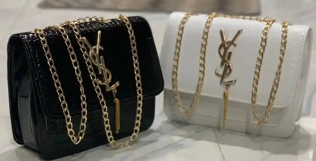 Black Croc Leather Shoulder Bag with Gold Chain for Women