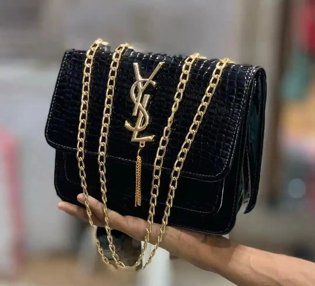 Black Croc Leather Shoulder Bag with Gold Chain for Women