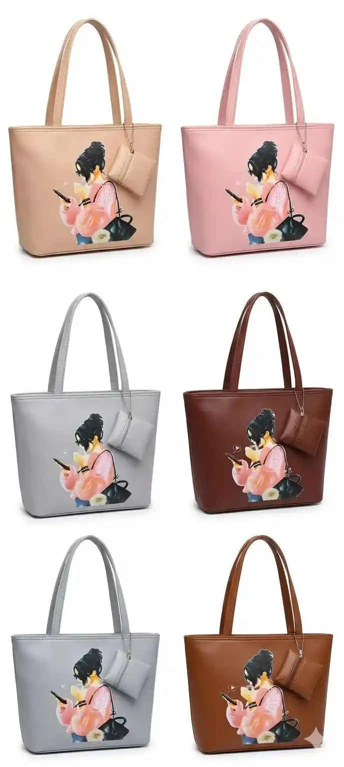 Pink Cartoon Print Tote Bag for Women