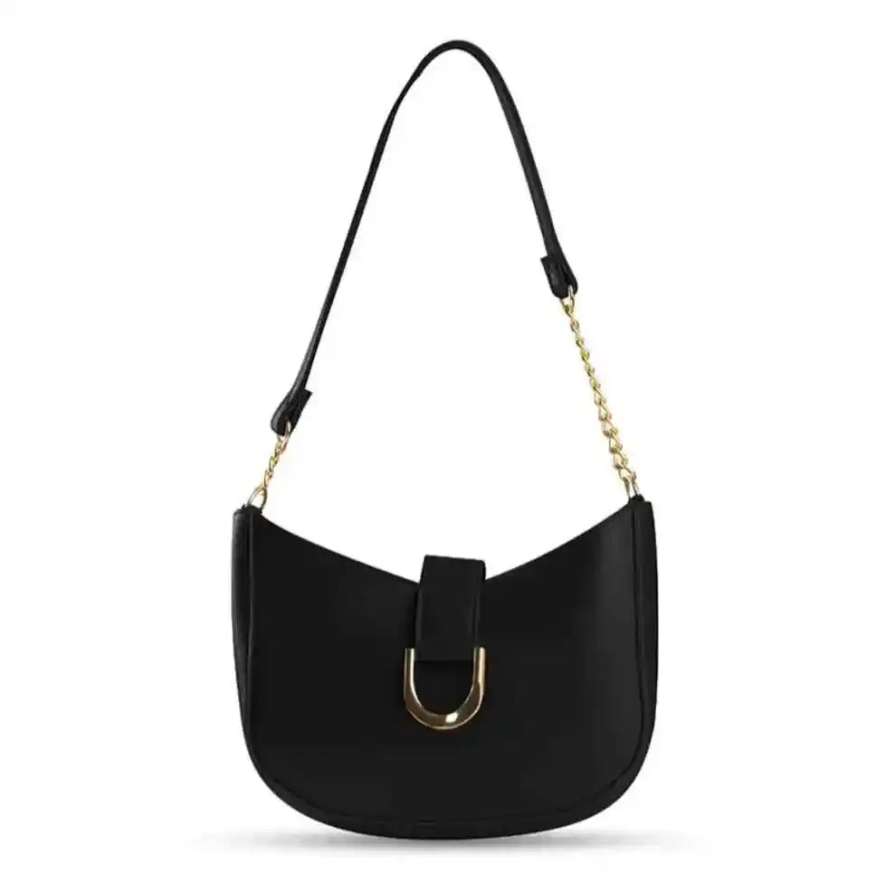 Black PU Leather Shoulder Bag with Gold Chain Strap