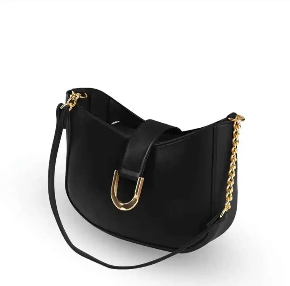 Black PU Leather Shoulder Bag with Gold Chain Strap