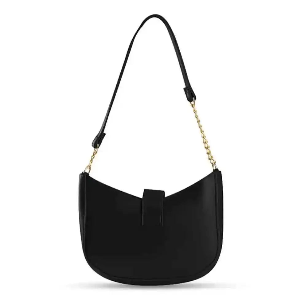 Black PU Leather Shoulder Bag with Gold Chain Strap